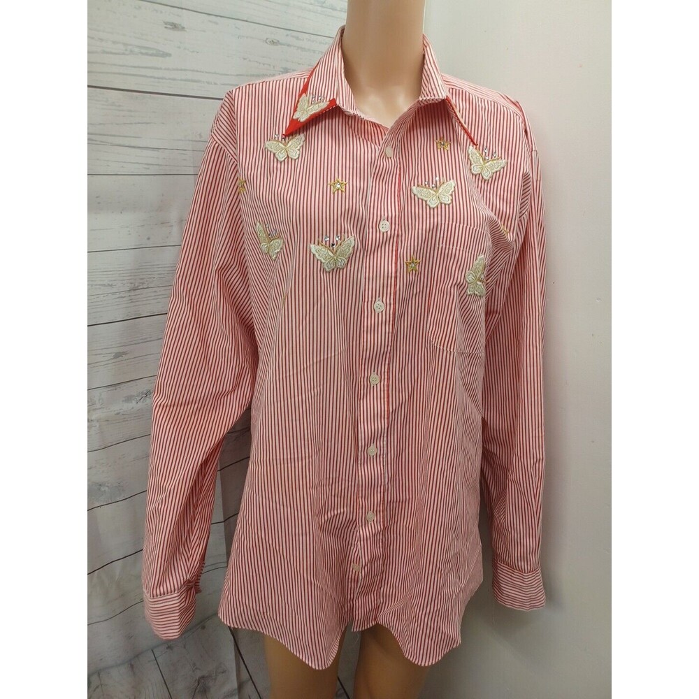 Fortune Inc Button-Up Blouse Long Sleeve Butterflies Sz L Plaid Red White